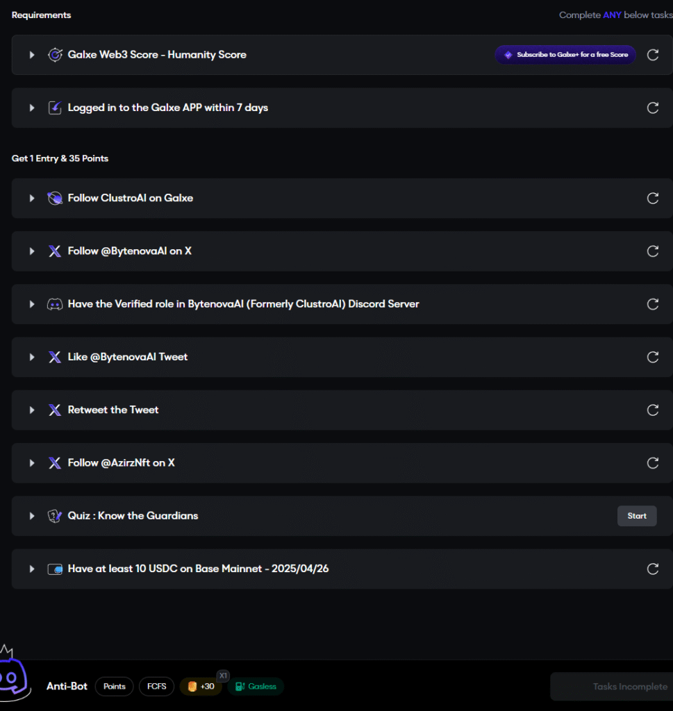 Antibot roll misiones de galxe para bytenova