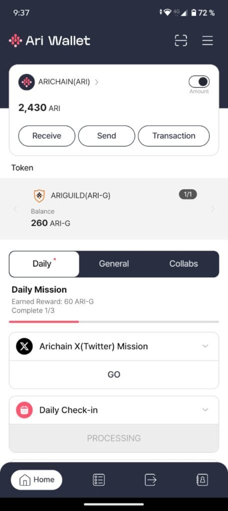 Aplicación móvil de Arichain, gana puntos diarios