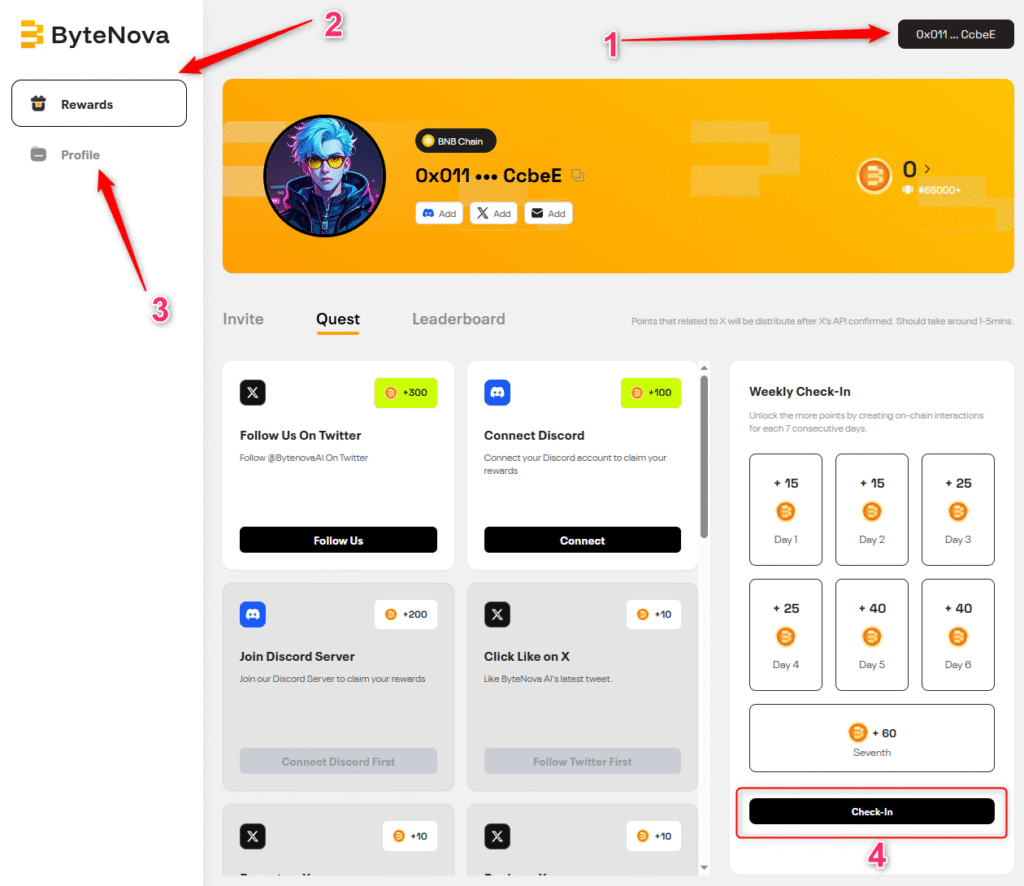 Tareas sociales y rewards de Bytenova airdrop