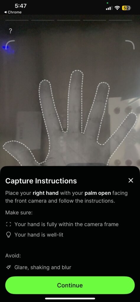 Escaneo de manos en la aplicación móvil de humanity