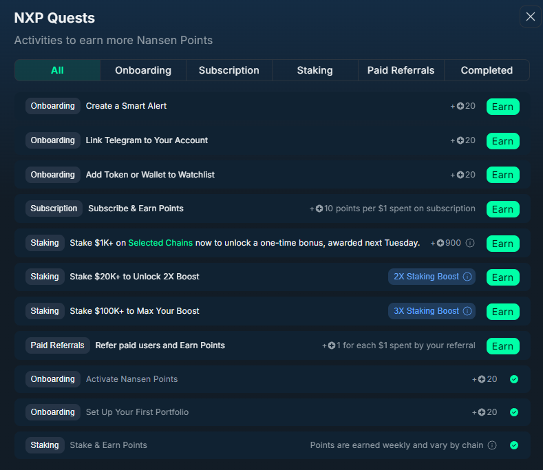 Listado de misiones de nansen, gana puntos XP para conseguir potencial airdrop